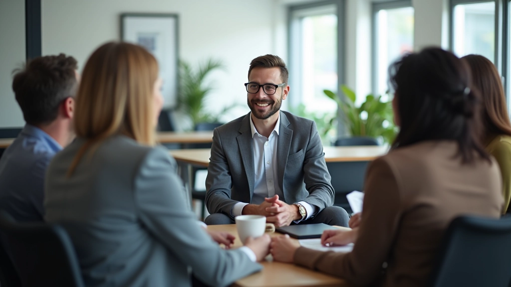 Grupo de profissionais numa reunião de suporte, conversando abertamente