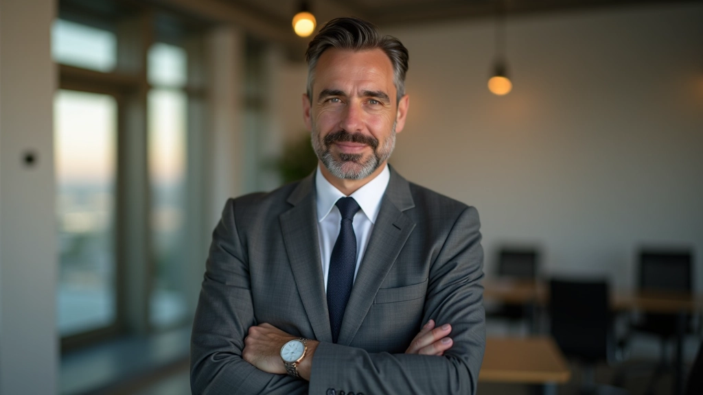 Homem profissional em terno cinzento, sentado confortavelmente, expressão pensativa e confiante