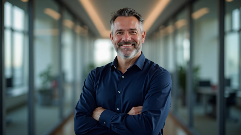 Homem profissional em roupas de negócio, braços cruzados confiante em frente a parede com quadro de notas de competências