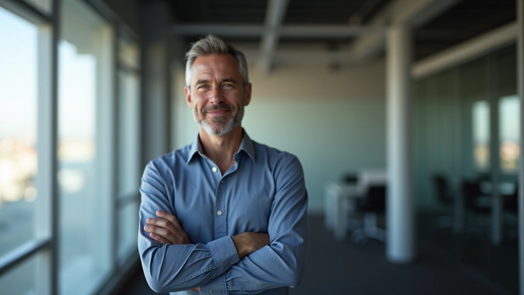 Profissional sênior em ambiente de trabalho moderno, refletindo sobre planejamento de carreira