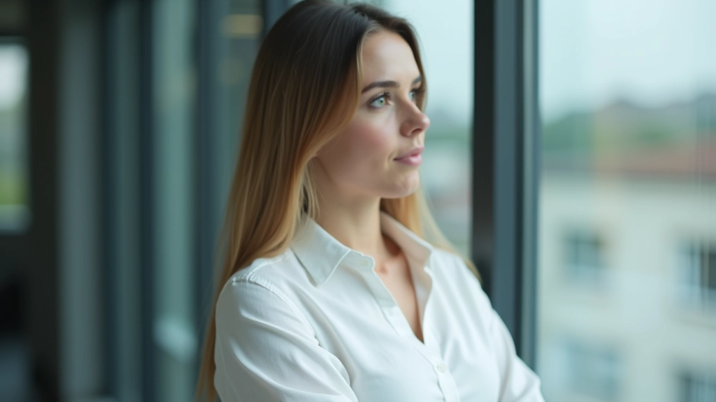 Mulher profissional em vidro de escritório, olhando para fora pensativamente, ambiente corporativo moderno