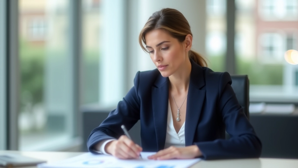 Mulher profissional analisando documentos com gráficos e anotações sobre competências pessoais em mesa de trabalho moderna
