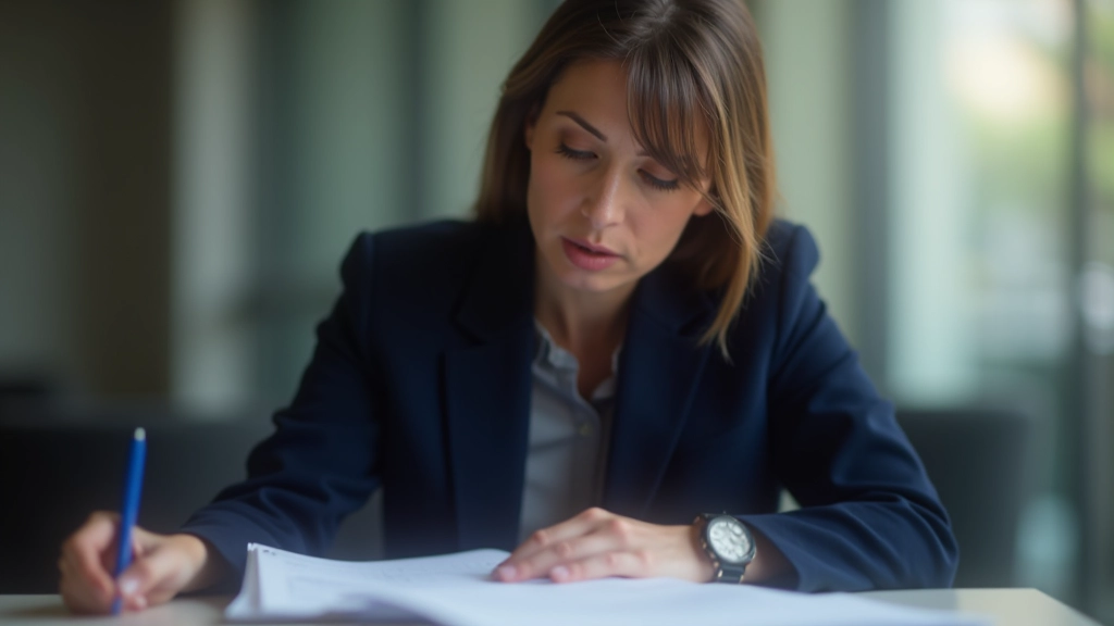 Profissional revisando documentos de planeamento de carreira na secretária