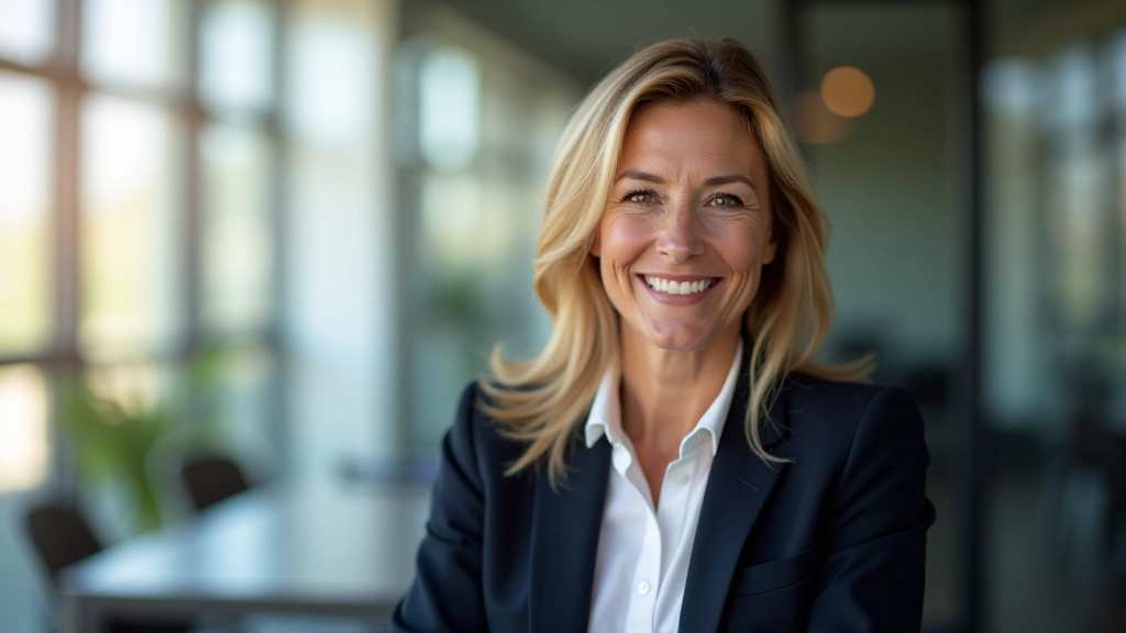 Mulher profissional de meia-idade em roupas de negócio, sorrindo com confiança em ambiente de escritório moderno, luz natural suave