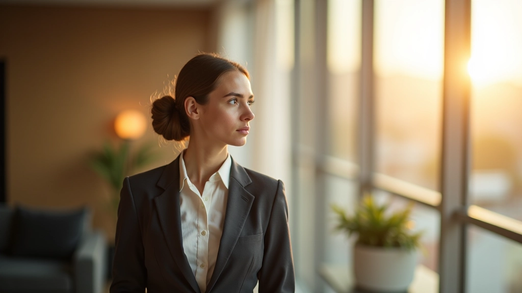 Mulher profissional em roupas de negócio, olhando pela janela com expressão contemplativa sobre novo capítulo profissional