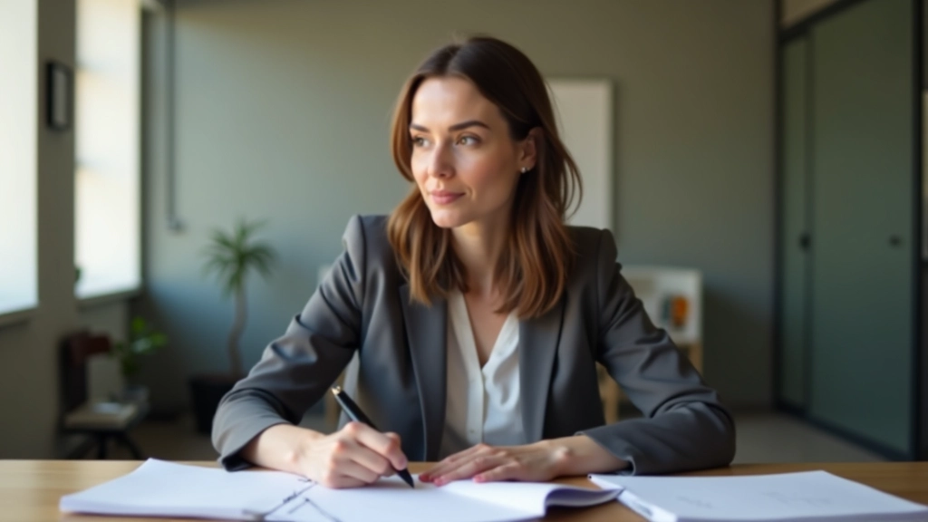 Mulher profissional sentada à secretária com documentos de planeamento de carreira