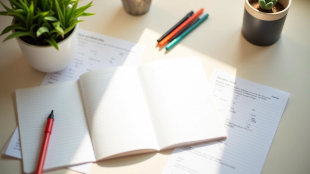 Mesa de trabalho com canetas, caderno aberto e gráficos de competências profissionais